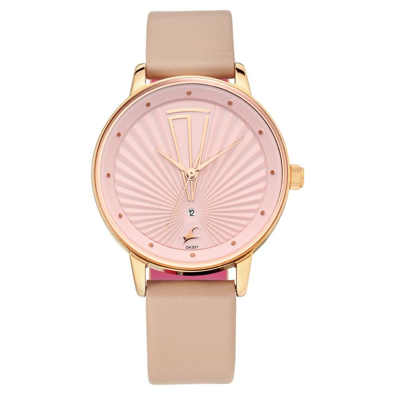Fastrack Ruffles Quartz Analog with Date Pink Dial Leather Strap Watch for Girls