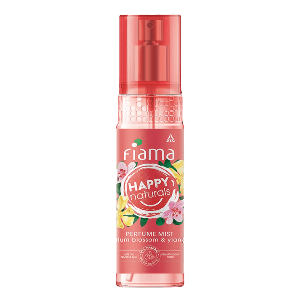 Fiama Happy Naturals Perfume Mists, Plum Blossom and ylang with floral and woody notes, 91% Natural origin content, skin friendly Ph, long lasting fragrance, 120ml bottle