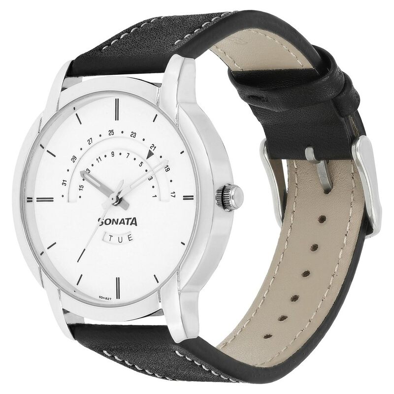 NM77031SL02 Sonata Quartz Analog with Day and Date White Dial Leather Strap Watch for Men