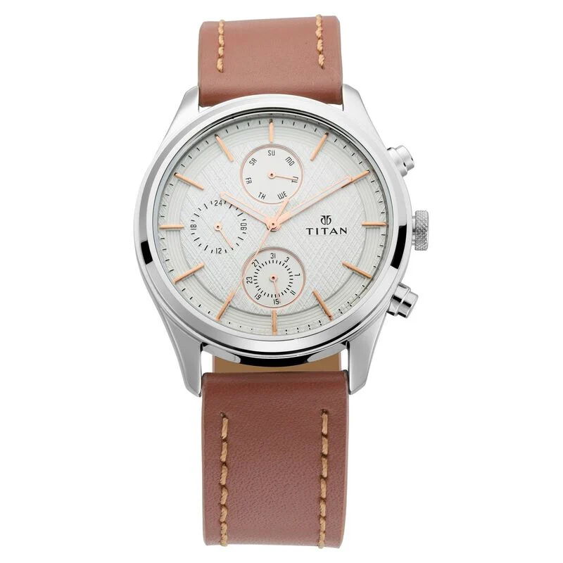 Titan Men's Metropolitan Charm: Men's Multifunctional White Watch with Leather Strap