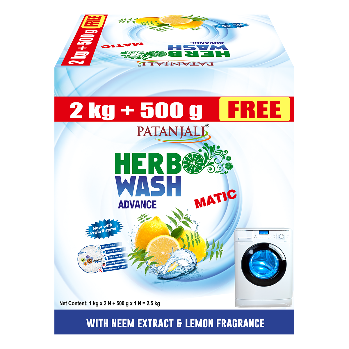 Patanjali Herbo Wash Advance Matic Detergent Powder 2kg + Free 500g