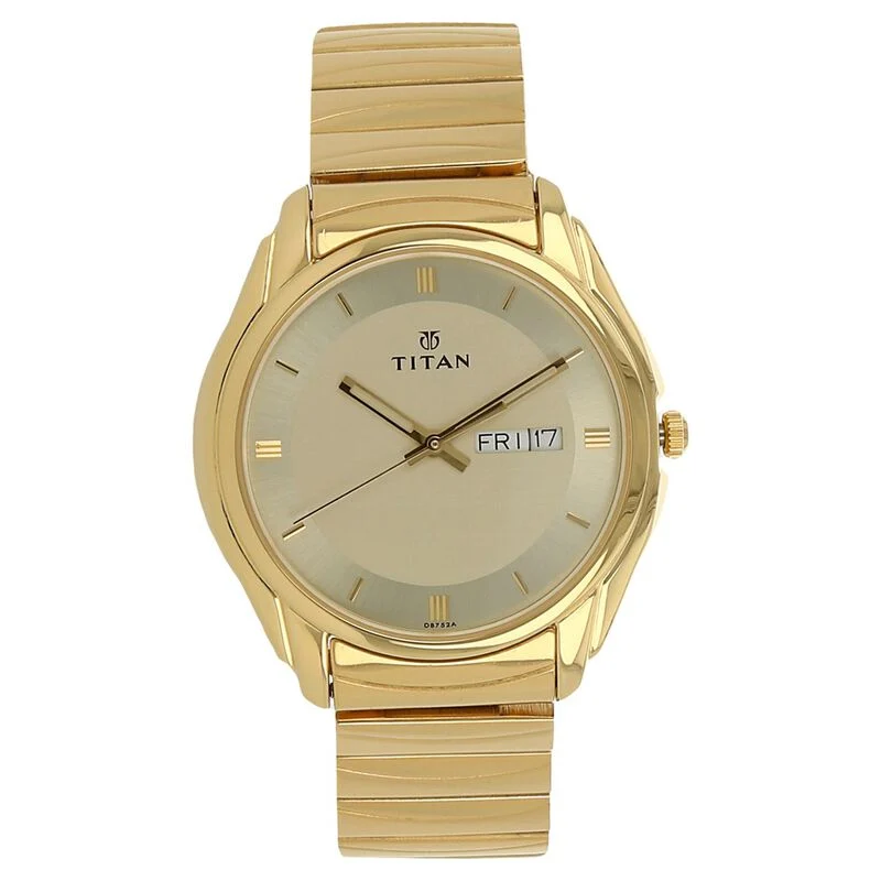 Titan Quartz Analog with Day and Date Champagne Dial Stainless Steel Strap Watch for Men