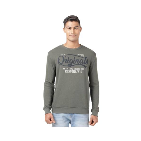 Men's Super Combed Cotton Rich French Terry Printed Sweatshirt with Ribbed Cuffs - Deep Olive