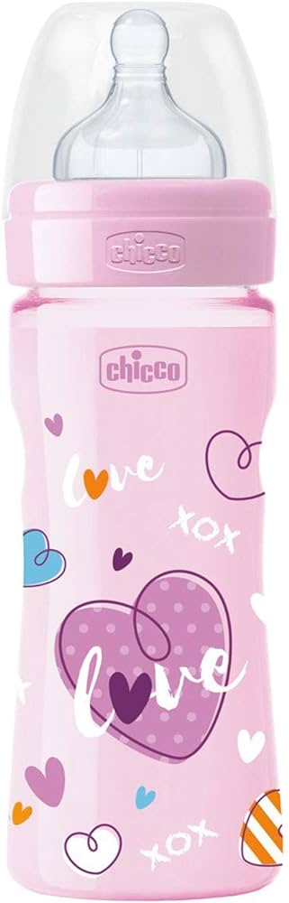 Chicco 250 ml WellBeing Feeding Bottle, Love Edition, Advanced Anti-Colic System, Soft & Hygienic Silicone Teat, BPA Free(Pink)