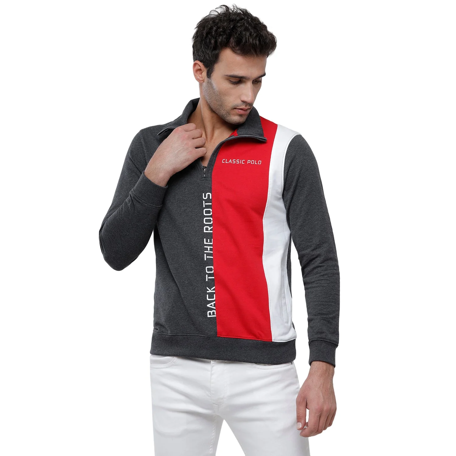 Classic Polo Men's Color Block Full Sleeve Red & Grey Polo Neck Sweat Shirt - CPSS-331A