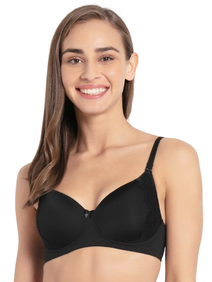 Jockey Women's Wirefree Padded Soft Touch Microfiber Nylon Elastane Stretch Full Coverage Lace Styling Multiway T-Shirt Bra with Adjustable Straps - Black
