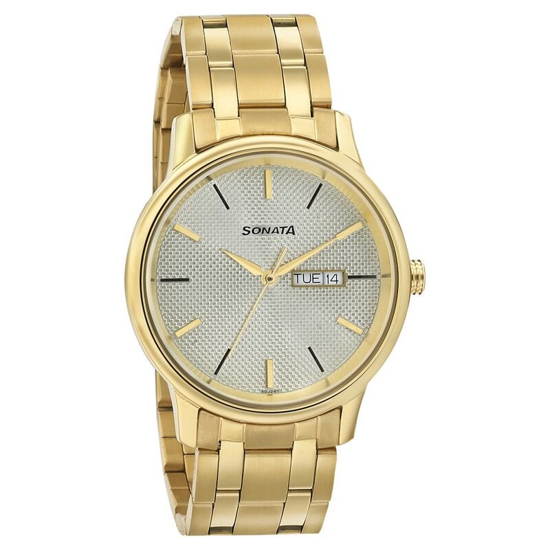 Sonata Quartz Analog with Day and Date Champagne Dial Metal Strap Watch for Men NR7134YM03