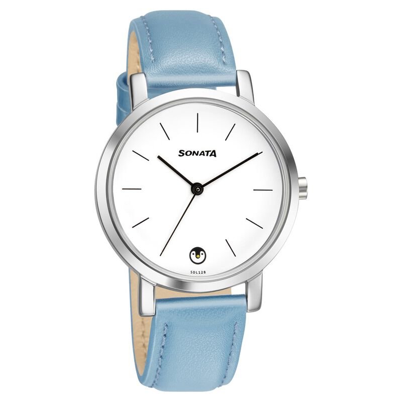 Sonata Play White Dial Women Watch With Leather Strap NR8164SL07