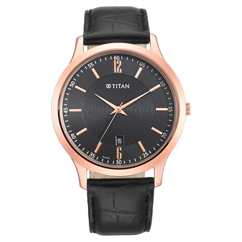 Titan Quartz Analog with Date Black Dial Leather Strap Watch for Men