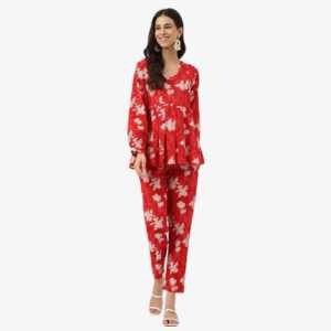 Divena Red Cotton Peplum Top Pant Co-ords Sets