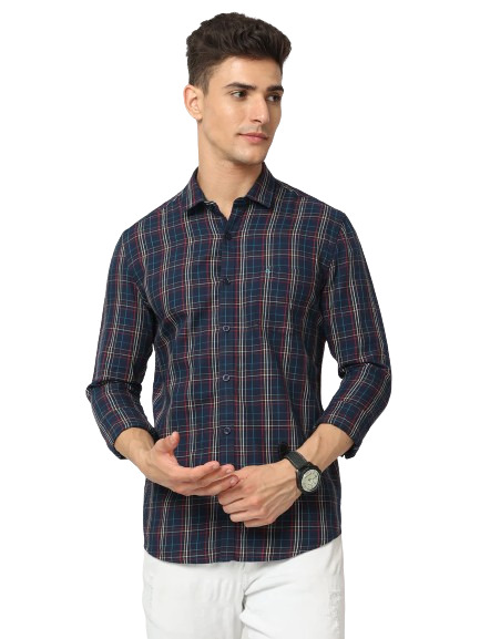 Classic Polo Men's Cotton Full Sleeve Checked Slim Fit Polo Neck Navy Blue Color Woven Shirt | So1-97 B