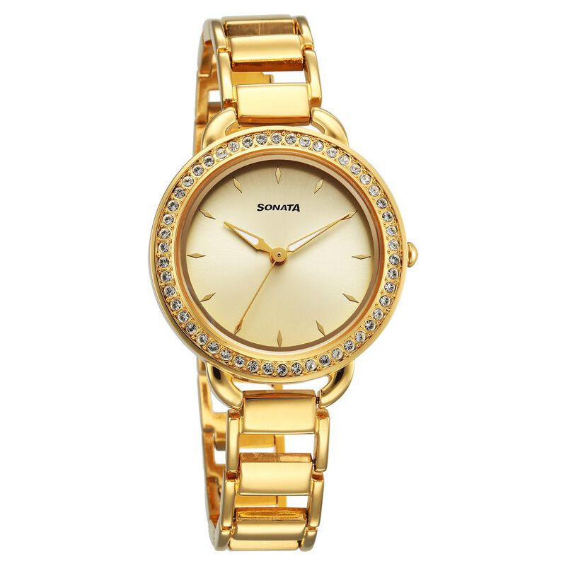 Sonata Wedding Quartz Analog Champagne Dial Metal Strap Watch f or Women 87052YM01