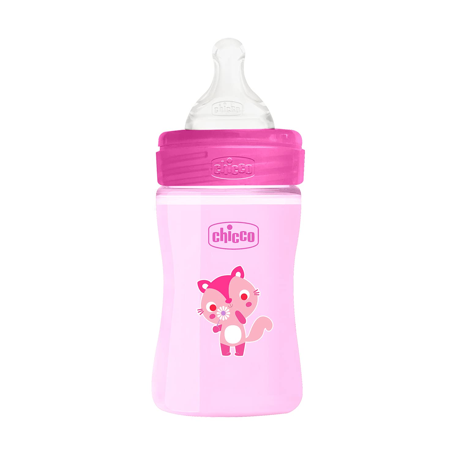 Chicco Well-Being 150ml Baby Coloured Feeding Bottle, Advanced Anti-Colic System, BPA Free, Hygienic Silicone Teat, Milk Bottle for Babies & Toddlers (Pink)