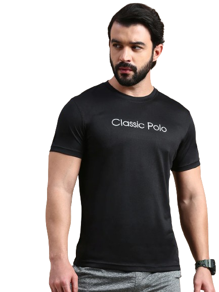 Classic Polo Men's Round Neck Polyester Black Slim Fit Active Wear T-Shirt