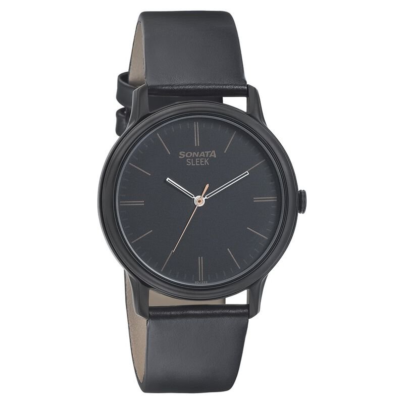 Sonata Quartz Analog Black Dial Leather Strap Watch for Men NP7128NL02