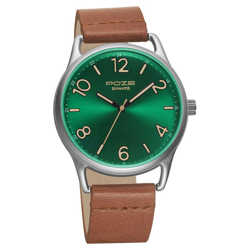 Poze by Sonata Quartz Analog Green Dial PU Leather Strap Watch for Men SP70014SL02W