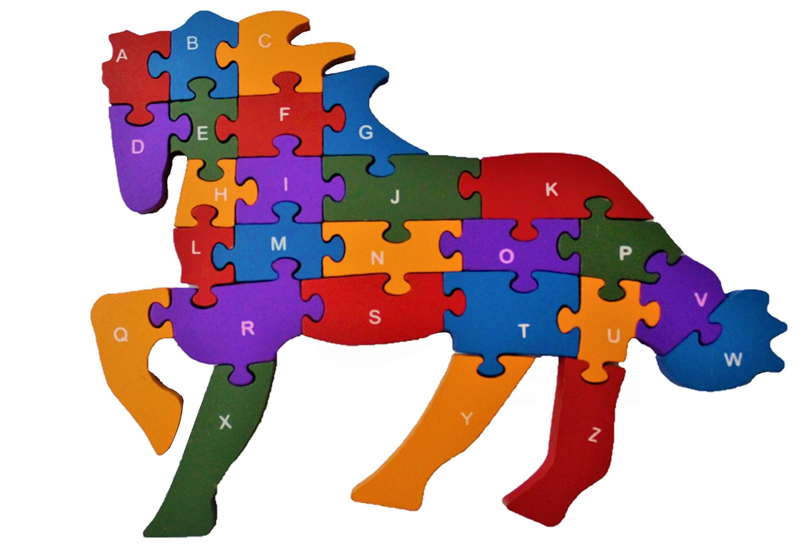 Wooden Learning Alphabets & Numbers | Horse Puzzle Game | 26 Pcs - Shree Channapatna Toys