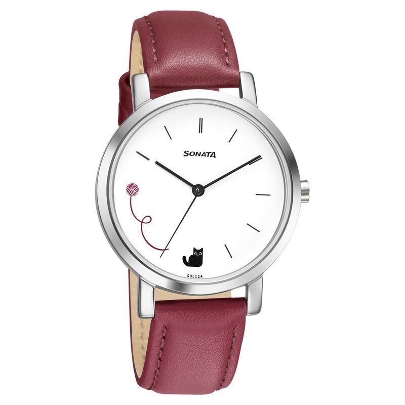 Sonata Play White Dial Women Watch With Leather Strap NR8164SL05