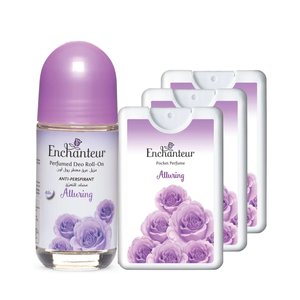 Enchanteur Alluring Roll-On Deodorant 50ml & Alluring Pocket Perfume, 18ml (Pack of 3)