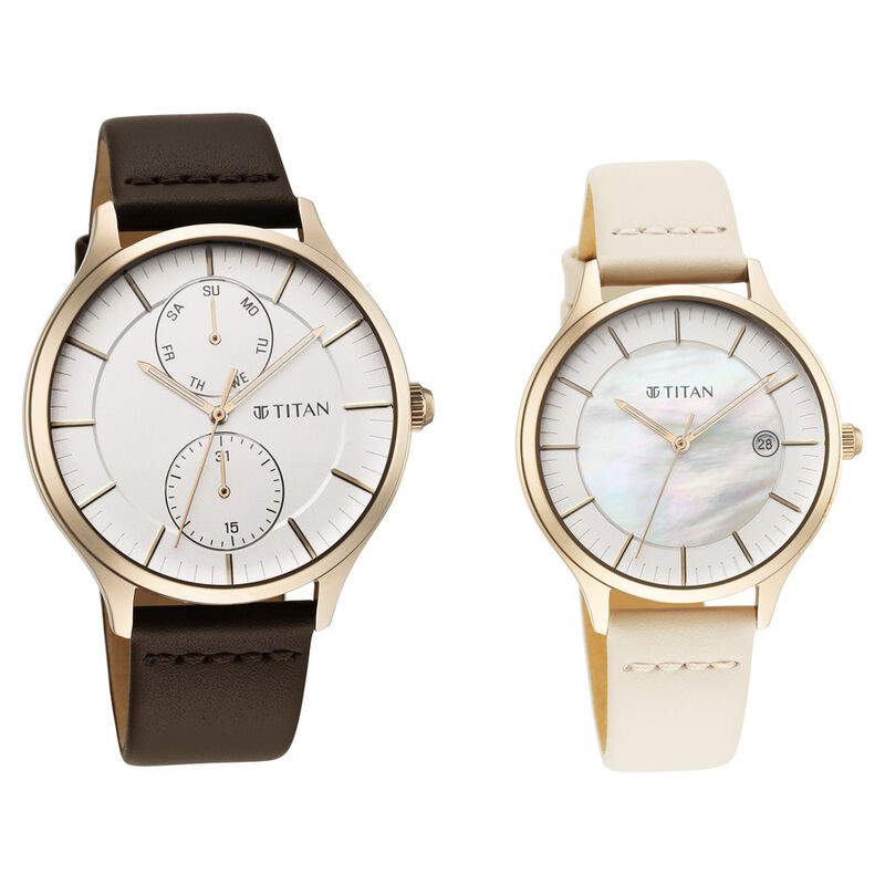 Titan Bandhan White and Mother of Pearl Dial Analog with Date Leather Strap watch for Couple