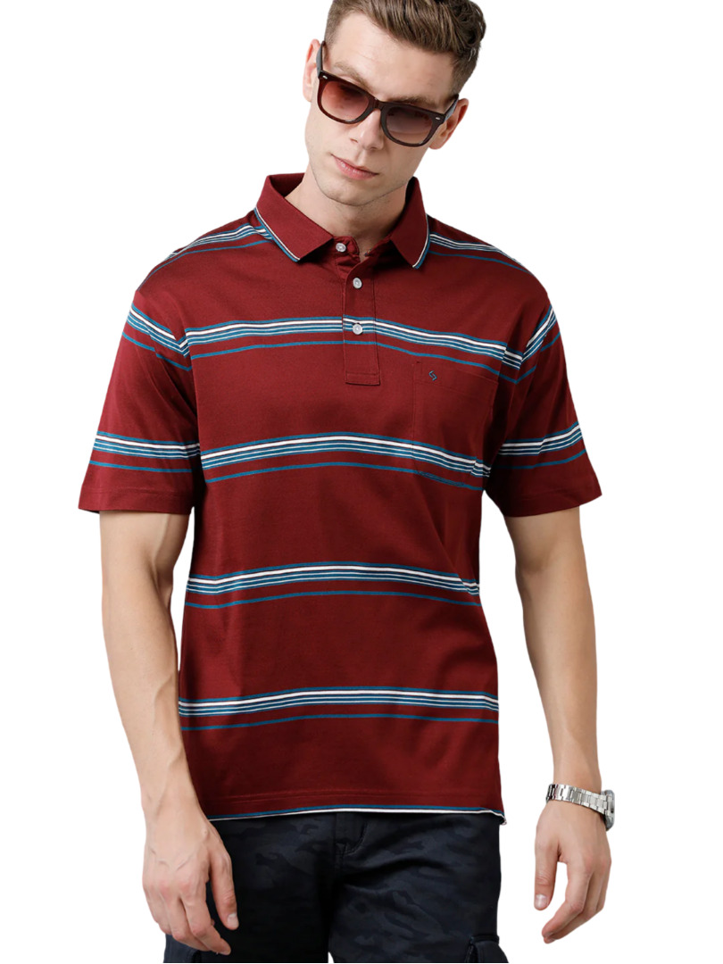 T-shirt Classic Polo Men's Cotton Half Sleeve Striped Authentic Fit Polo Neck Maroon Color T-Shirt | Ultimo - 306 A