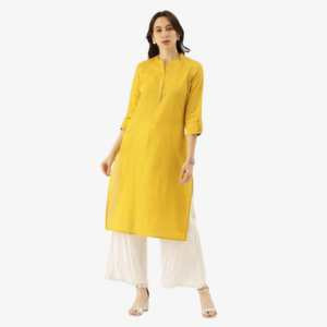 Divena Yellow Solid Straight Roll up Sleeve Kurti