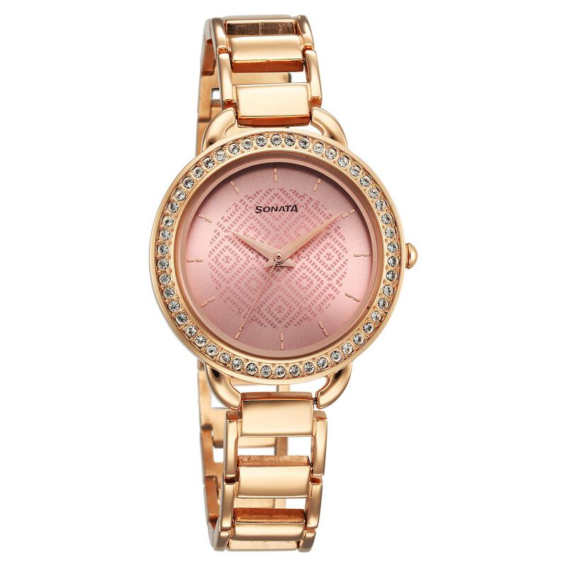 Sonata Wedding Quartz Analog Pink Dial Metal Strap Watch for Women 87052WM01