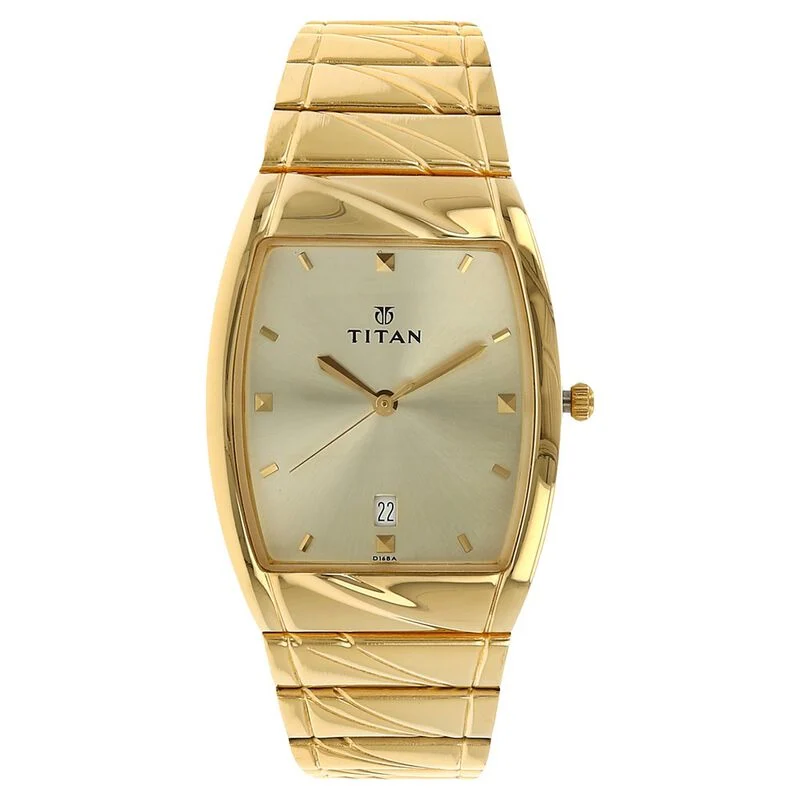 Titan Rectangle Champagne Dial Analog with Date Stainless Steel Strap watch for Men