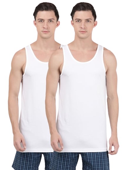 Men's Super Combed Cotton Round Neck Sleeveless Vest with Extended Length for Easy Tuck - White