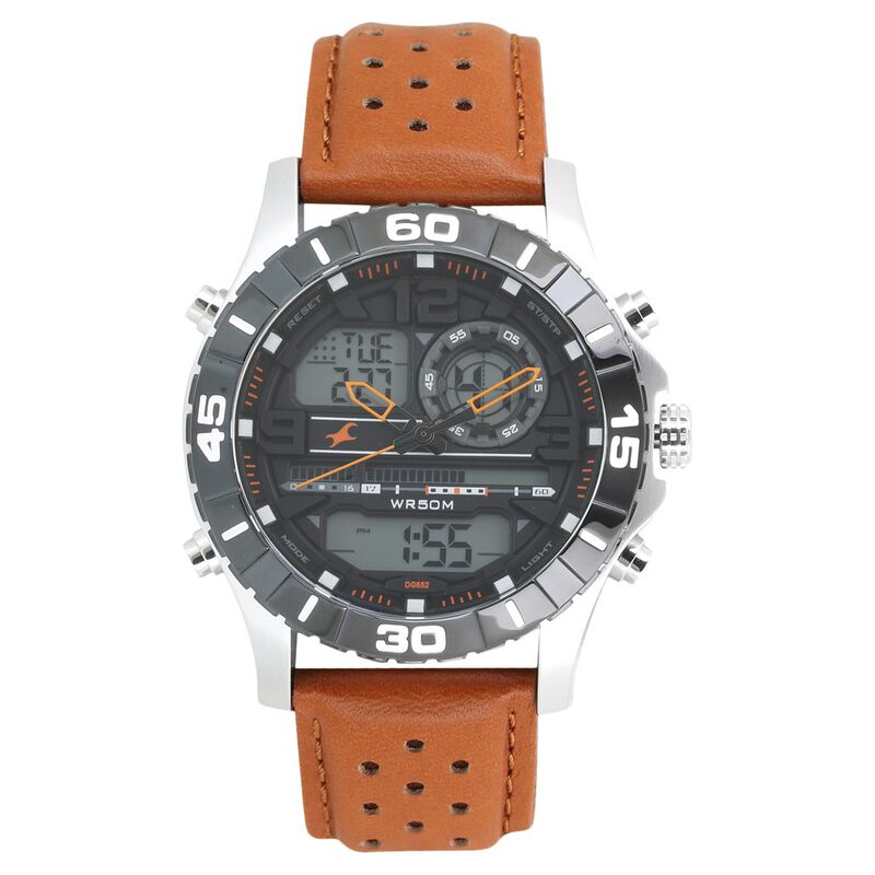 Fastrack Quartz Analog Digital Grey Dial Leather Strap Watch for Guys