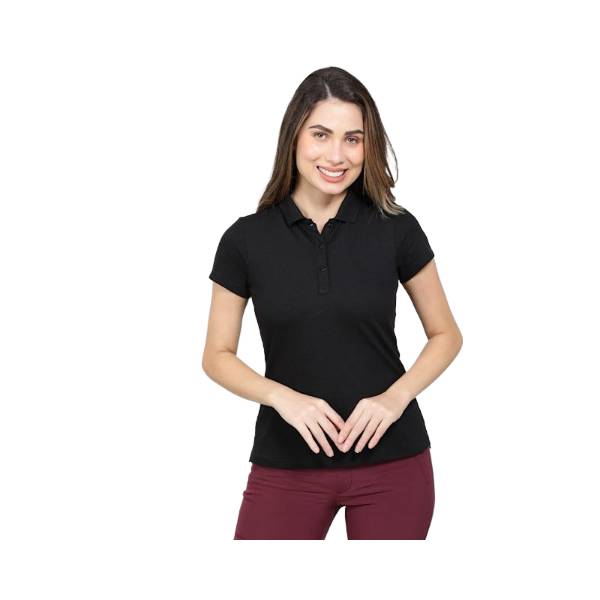Women's Super Combed Cotton Elastane Stretch Pique Fabric Regular Fit Printed Half Sleeve Polo T-Shirt - Black