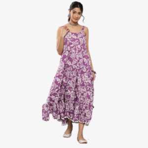 Divena Purple Floral Shoulder Strip Long Dress