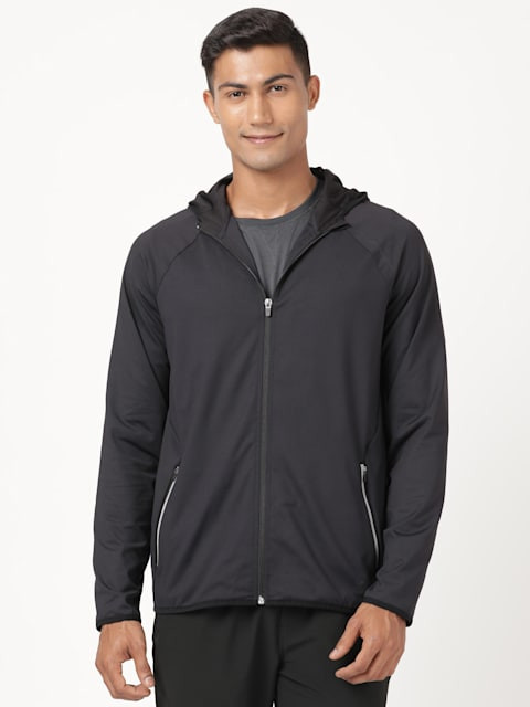 Men's Microfiber Elastane Stretch Solid Performance Hoodie Jacket with Stay Dry Technology - Black