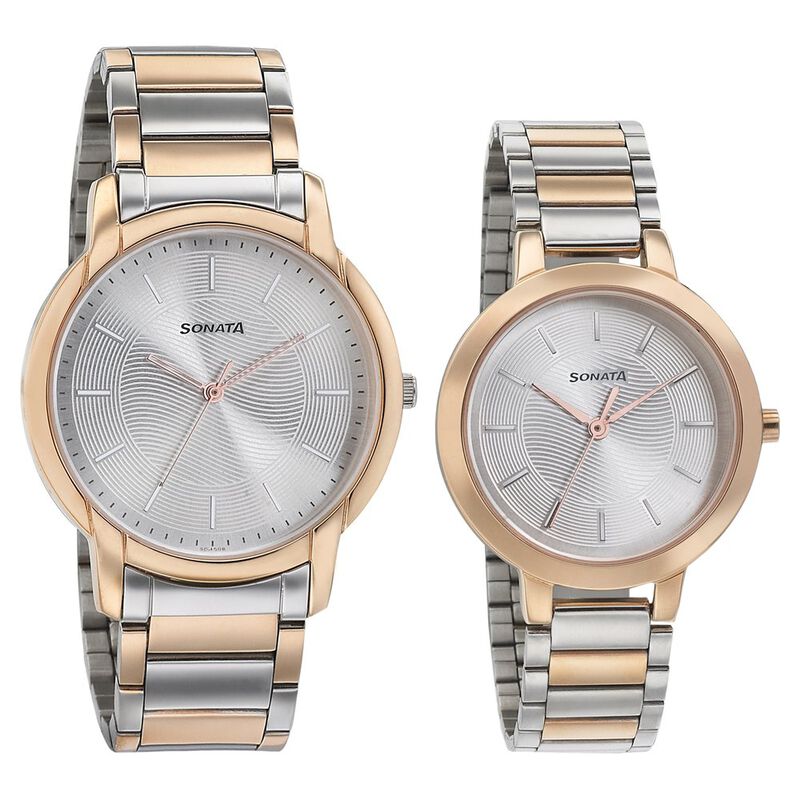 Sonata Quartz Analog Silver Dial Metal Strap Watch for Couple NR770318141KM01P