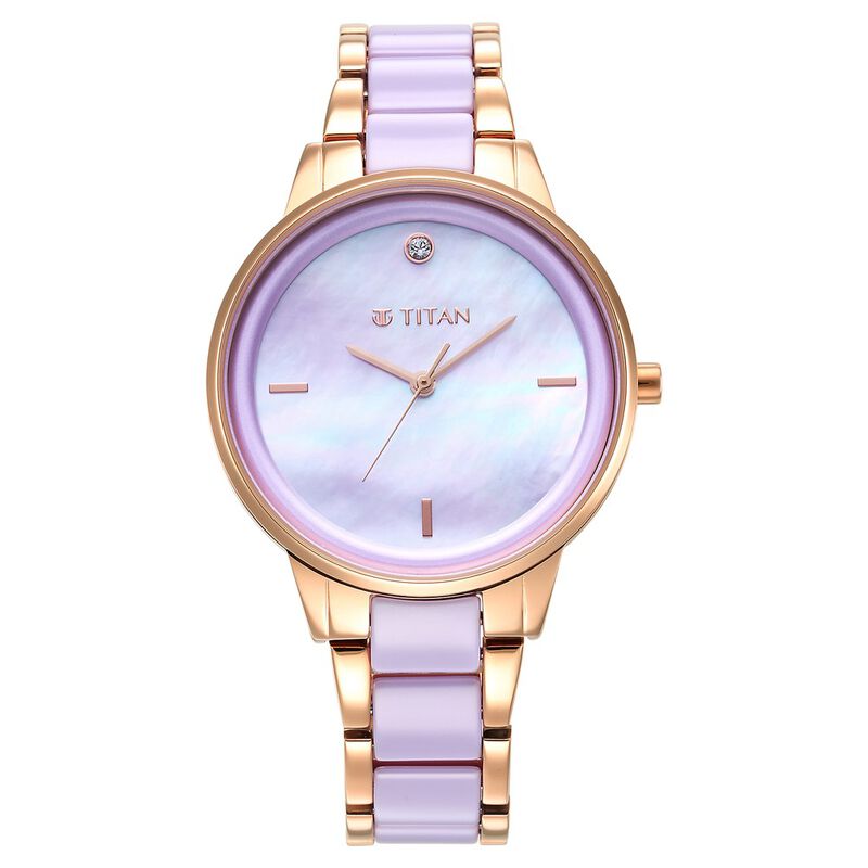 Titan Purple Ceramics Mother of pearl Dial Analog Steel and Ceramic Strap Watch for Women