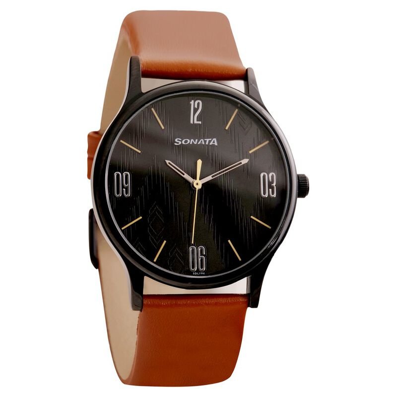 Sonata Quartz Analog Black Dial Leather Strap Watch for Men NR77105NL03