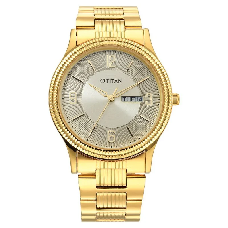 Titan Quartz Analog Champagne Dial Stainless Steel Strap Watch for Men