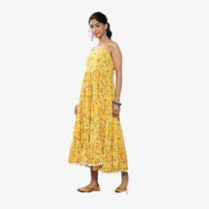 Divena Yellow Floral Shoulder Strip Long Dress