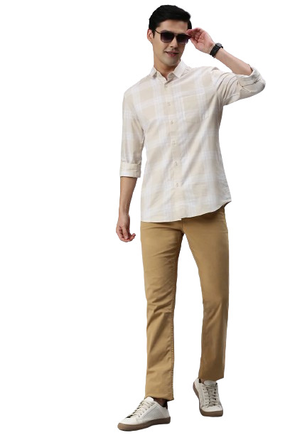 Classic Polo Men's Cotton Full Sleeve Checked Slim Fit Polo Neck Cream Color Woven Shirt | So1-46 B