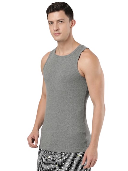 Men's Super Combed Cotton Rib Square Neck Sleeveless Vest - Mid Grey Melange