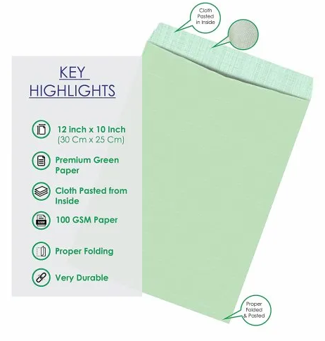 Ravi Envelope - Cloth Lined, Green, 12" x 10", 25 pcs