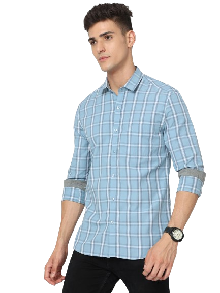 Classic Polo Men's Cotton Full Sleeve Checked Slim Fit Polo Neck Blue Color Woven Shirt | So1-106 A