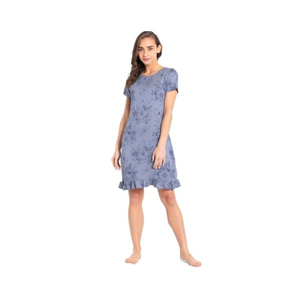 Women's Micro Modal Cotton Ruffled Hem Styled Half Sleeve Printed Sleep Dress - Infinity Blue Assorted Prints