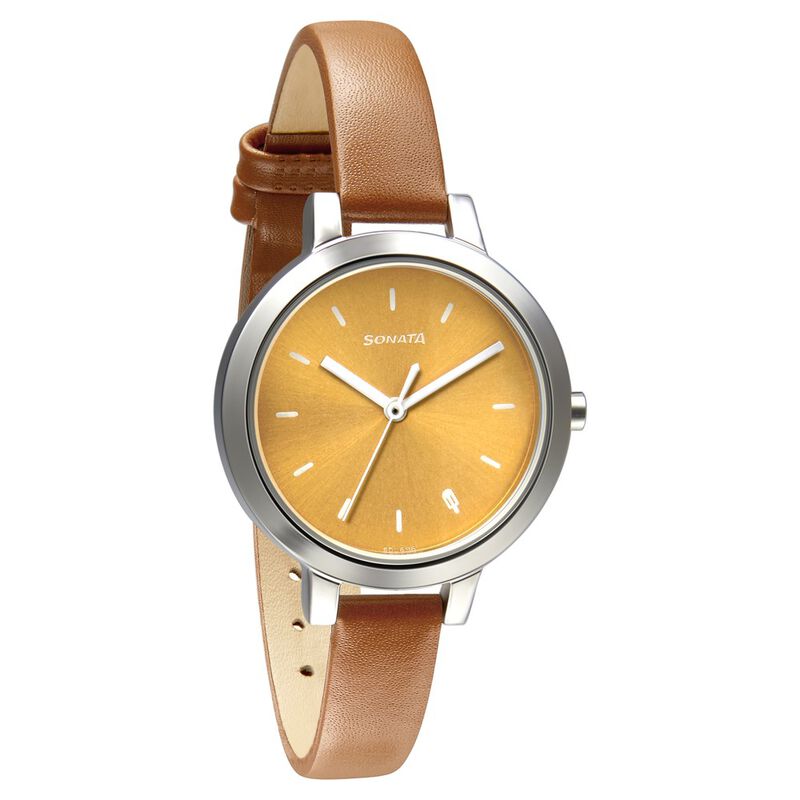 Sonata Play Yellow Dial Women Watch With Leather Strap 8141SL03