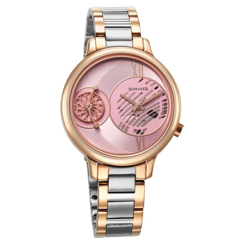 Sonata Unveil Quartz Analog Pink Dial Metal Strap Watch for Women 8190KM02