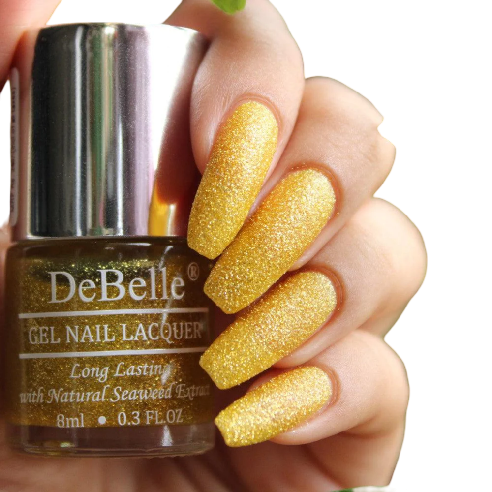 DEBELLE GEL NAIL LACQUER PEGASUS - (LIME YELLOW WITH GOLD GLITTER NAIL POLISH), 8ML