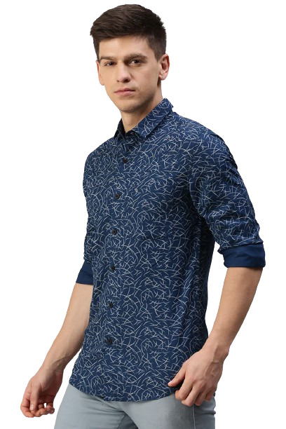 Classic Polo Men's Cotton Full Sleeve Printed Slim Fit Polo Neck Navy Color Woven Shirt | So1-01 A