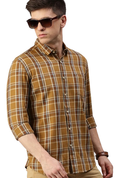 Classic Polo Men's Cotton Full Sleeve Checked Slim Fit Polo Neck Khaki Color Woven Shirt | So1-161 A