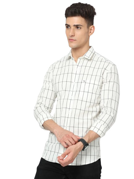 Classic Polo Men's Cotton Full Sleeve Checked Slim Fit Polo Neck Cream Color Woven Shirt | So1-113 A