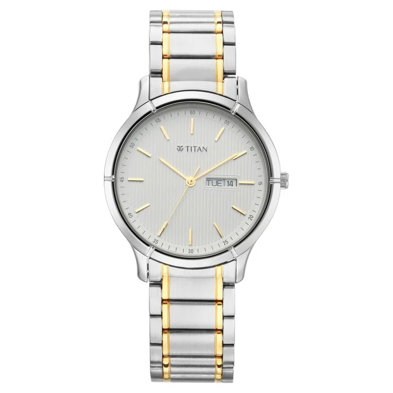 Titan Lagan White Dial Analog with Day and Date Metal Strap Watch for Men